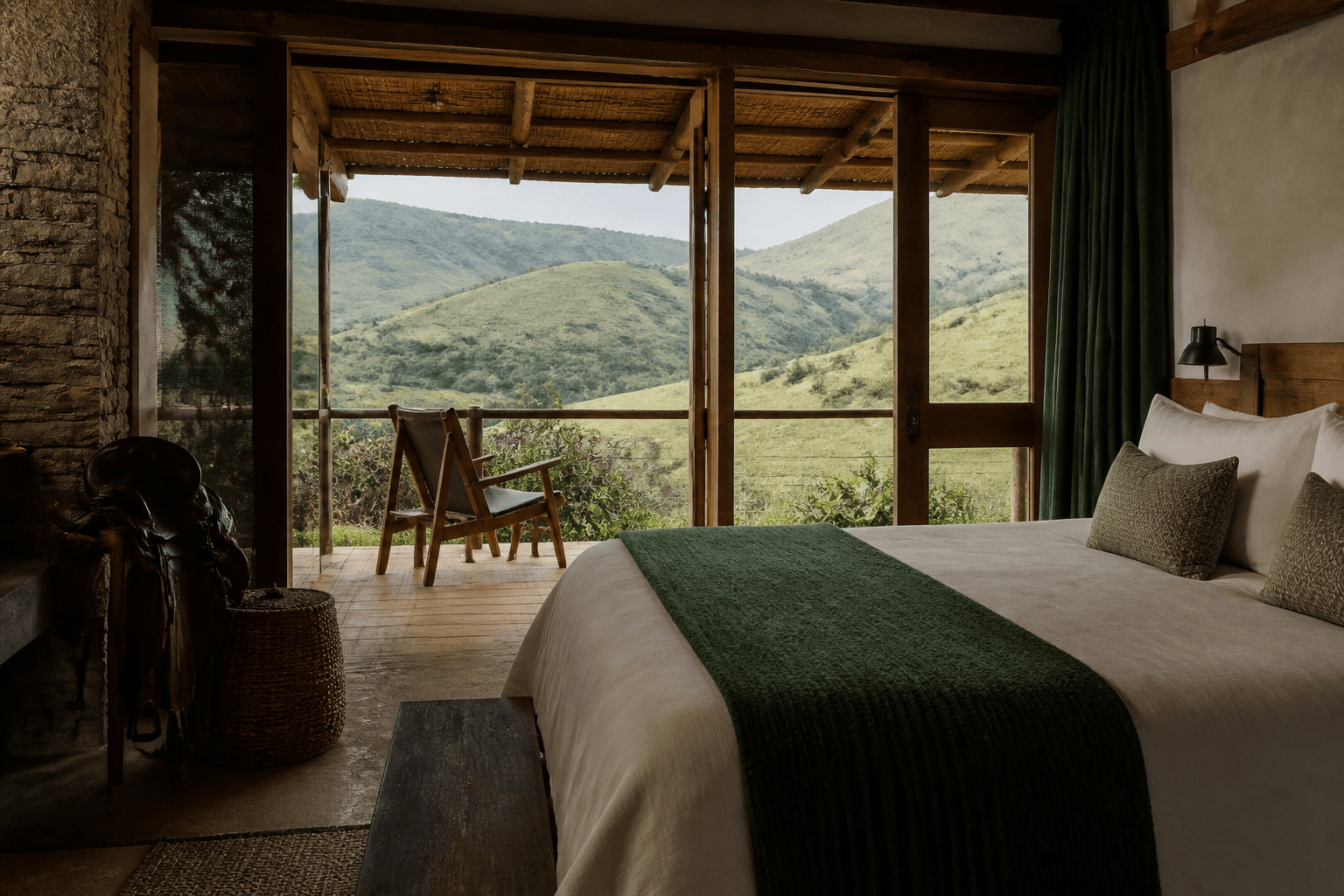 Chambre chaleureuse ouverte sur un paysage de montagne
